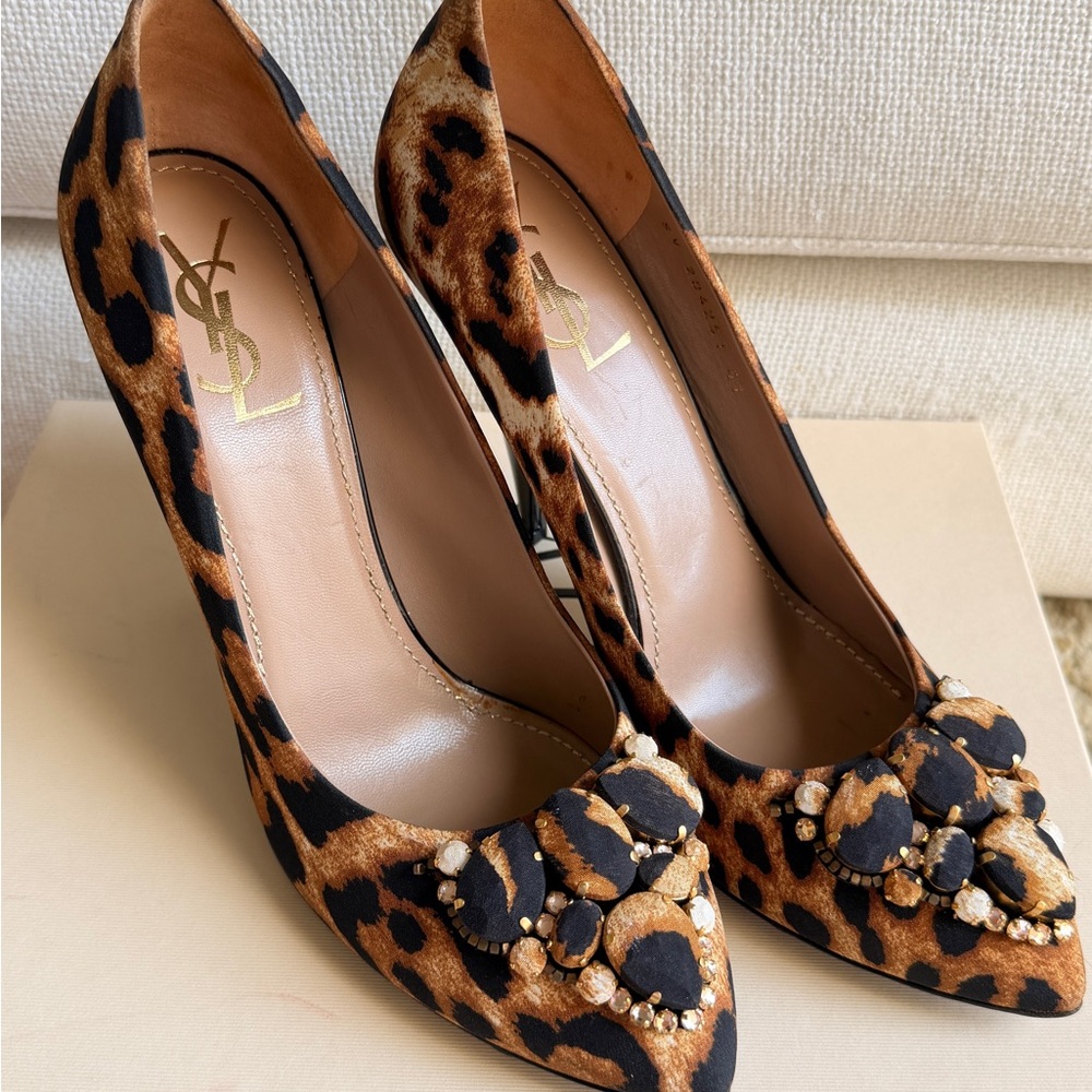 Yves Saint Laurent Leopard Print Jeweled Pointed Toe Pumps